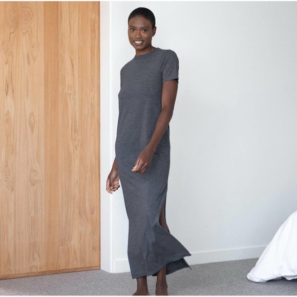 Lunya Restore Maxi Dress Large‎ Dark Gray Pima Cotton Open Back Lounge Travel - Picture 1 of 9